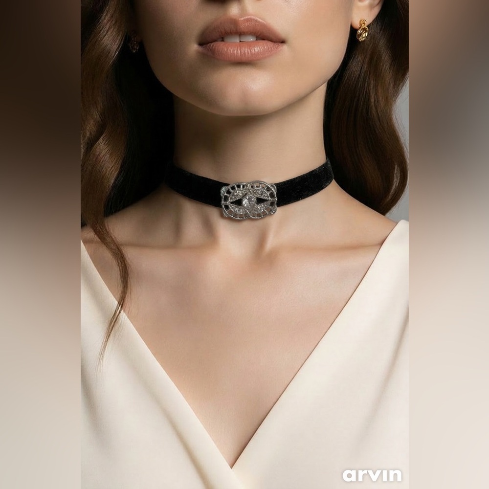Black Velvet Choker Necklace with Crystal